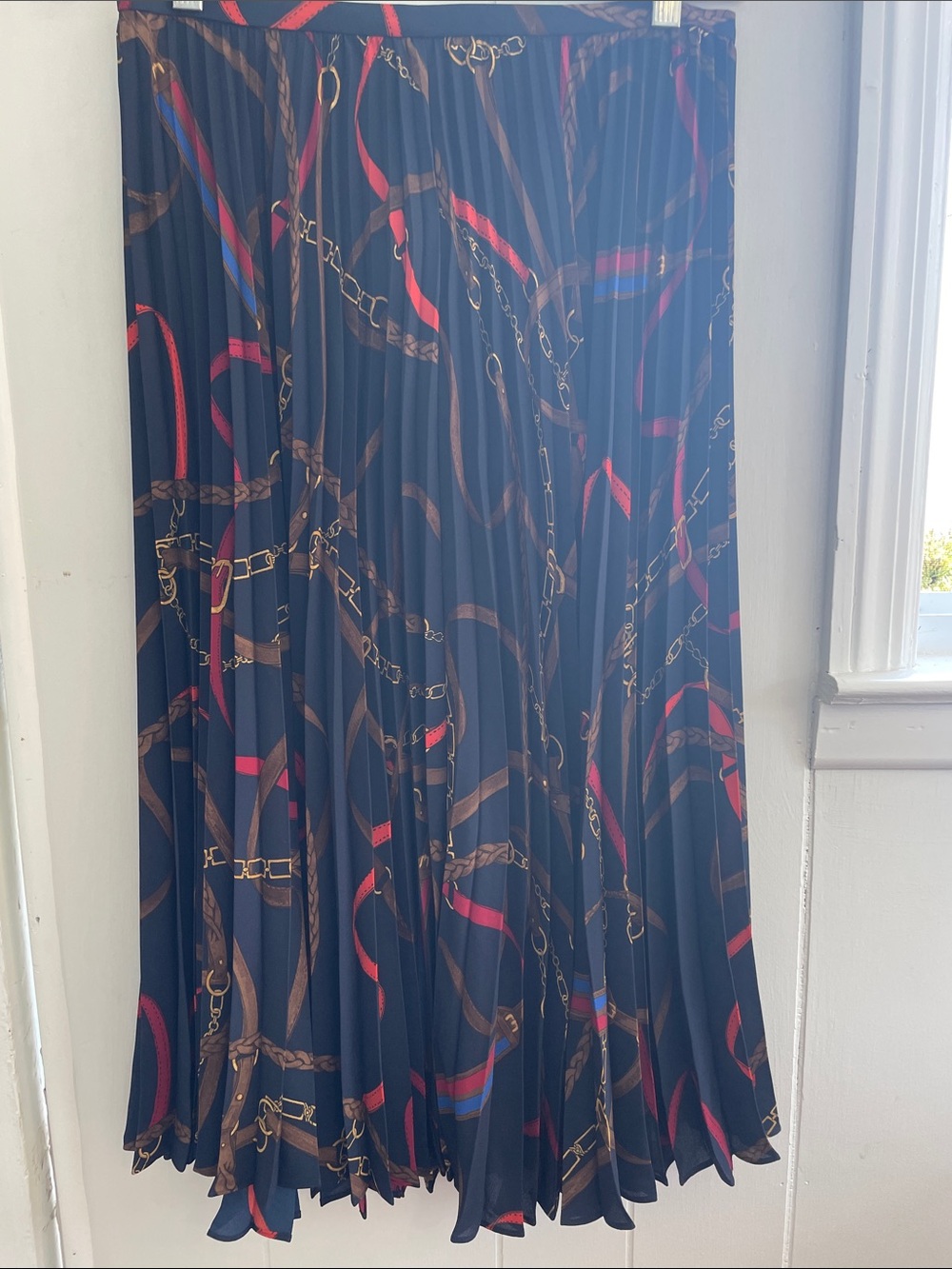 Ralph Lauren Navy Pleated Skirt with Red & Brown Chain Print